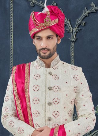 Off White Georgette Sherwani Mens Wear