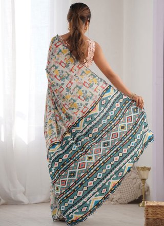Off White Georgette Traditional Saree with Mirror and Print Work