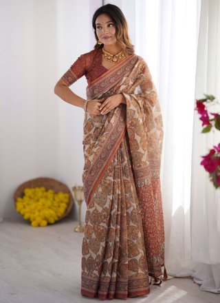 Off White Handloom Cotton Designer Saree with Print Work