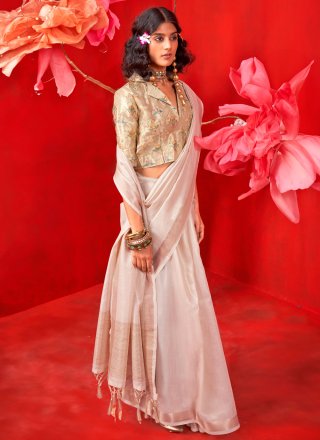 Off White Handloom Silk Weaving and Zari Work Classic Sari
