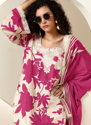 Off White Muslin Digital Print, Embroidered and Resham Work Salwar Suit for Casual