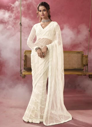 Off White Net Beads, Cut Dana, Sequins and Thread Work Classic Saree for Ceremonial