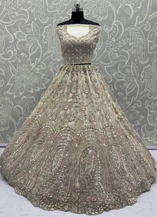 Off White Net Diamond, Dori, Embroidered, Fancy, Sequins, Thread and Zircon Work A - Line Lehenga Choli for Ceremonial