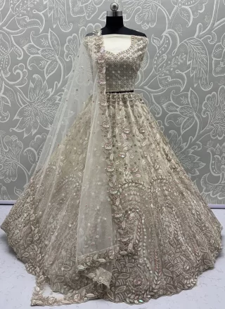 Off White Net Diamond, Dori, Embroidered, Fancy, Sequins, Thread and Zircon Work A - Line Lehenga Choli for Ceremonial