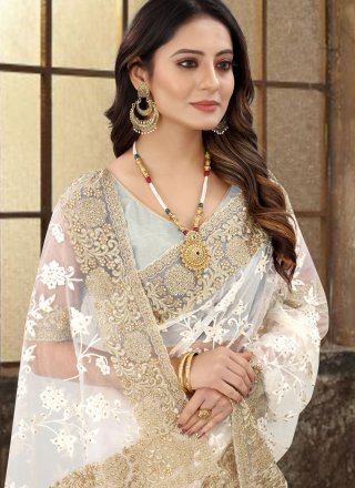 Off White Net Embroidered, Resham, Stone and Zari Work Trendy Saree