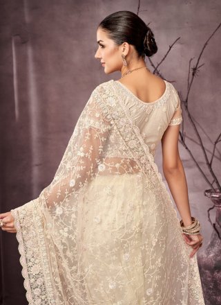 Off White Net Patch Border and Hand Work Contemporary Saree