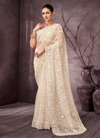 Off White Net Patch Border and Hand Work Contemporary Saree
