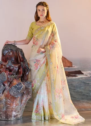 Off White Organza Designer Saree with Embroidered, Print, Sequins, Thread and Zari Work for Ceremonial