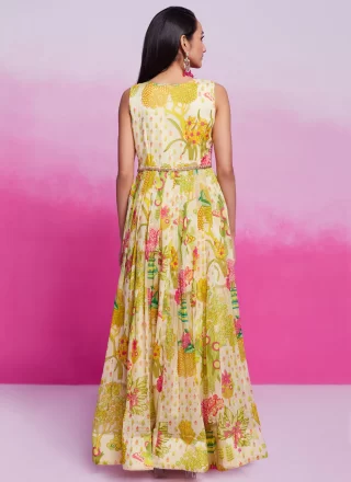 Off White Organza Gown with Print and Zari Work