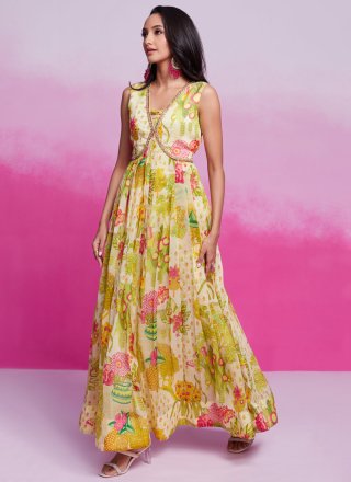 Off White Organza Gown with Print and Zari Work
