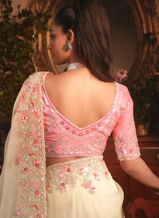 Off White Organza Patch Border, Cut, Embroidered, Sequins and Zari Work Designer Sari