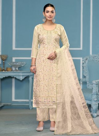 Off White Organza Salwar Suit with Hand Work