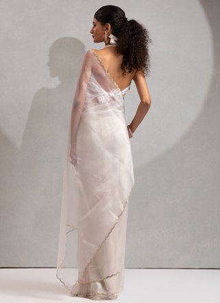 Off White Organza Zircon Work Traditional Saree for Casual