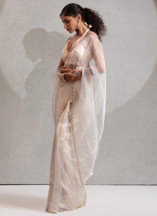 Off White Organza Zircon Work Traditional Saree for Casual