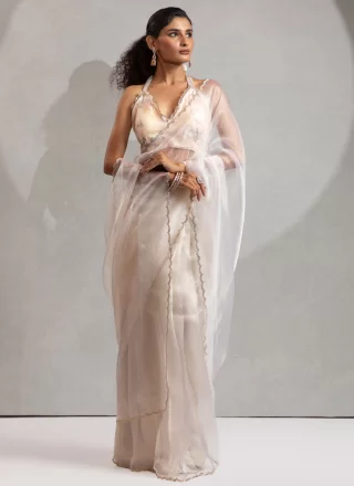 Off White Organza Zircon Work Traditional Saree for Casual