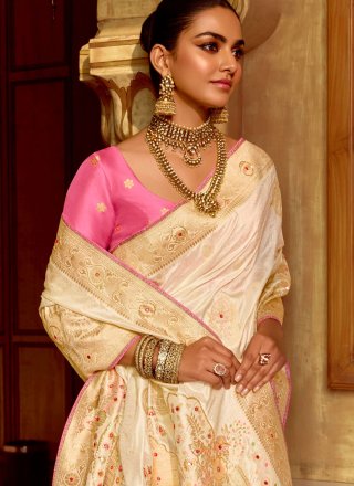 Off White Pure Dola Cut Dana, Moti, Weaving and Zari Work Traditional Saree for Ceremonial