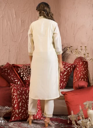 Off White Rayon Embroidered Work Salwar Suit for Ceremonial