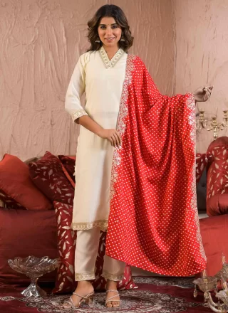 Off White Rayon Embroidered Work Salwar Suit for Ceremonial
