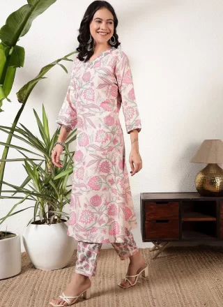 Off White Rayon Foliage Print Work Party Wear Kurti for Casual
