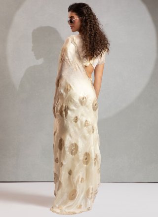 Off White Satin Silk Zircon Work Classic Saree for Ceremonial