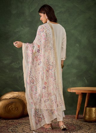 Off White Silk Blend Embroidered Work Salwar Suit