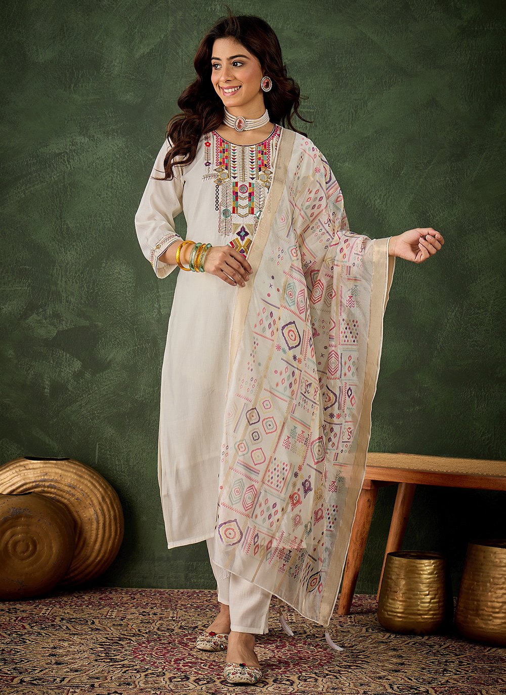 Off White Jamawar Silk Salwar Kameez and Off White Jamawar Silk