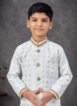 Off White Silk Digital Print and Machine Embroidery Work Indo Western