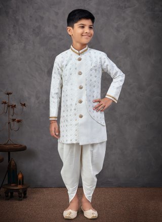 Off White Silk Digital Print and Machine Embroidery Work Indo Western