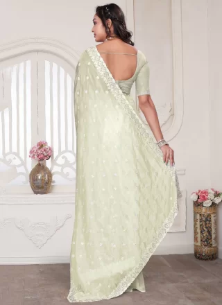 Off White Silk Embroidered, Resham, Sequins and Zircon Work Contemporary Saree for Ceremonial
