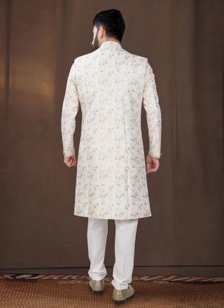 Off White Silk Embroidered, Sequins and Thread Work Indo Western