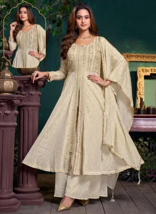 Off White Silk Embroidered, Sequins and Zari Work Anarkali Suit