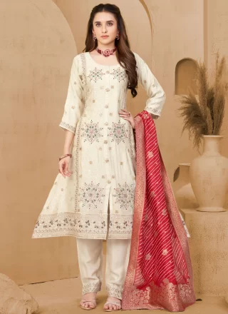 Off White Silk Embroidered Work Salwar Suit