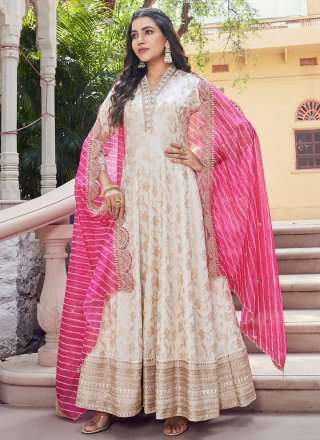 Off White Silk Gown with Embroidered, Foliage Print, Jacquard and Zari Work