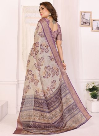 Off White Silk Jacquard and Print Work Classic Sari for Casual