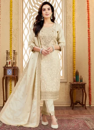 Off White Silk Pant Style Suit with Embroidered and Zari Work