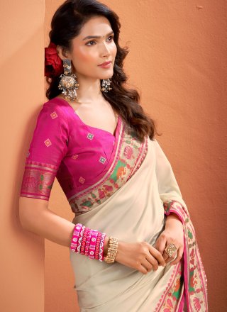 Off White Silk Patola Print and Weaving Work Contemporary Saree