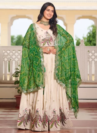 Off White Silk Readymade Lehenga Choli with Embroidered, Sequins, Thread and Zari Work
