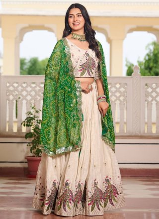 Off White Silk Readymade Lehenga Choli with Embroidered, Sequins, Thread and Zari Work