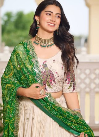 Off White Silk Readymade Lehenga Choli with Embroidered, Sequins, Thread and Zari Work