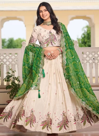 Off White Silk Readymade Lehenga Choli with Embroidered, Sequins, Thread and Zari Work
