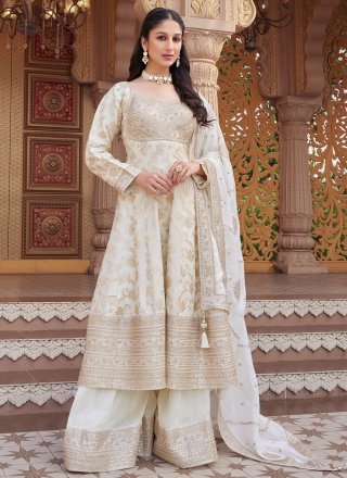 Off White Silk Readymade Salwar Suit with