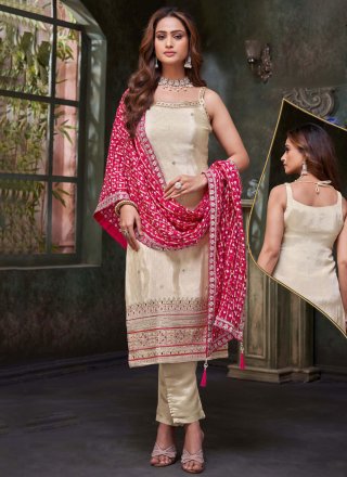 Off White Silk Readymade Salwar Suit with Embroidered, Thread and Zari Work