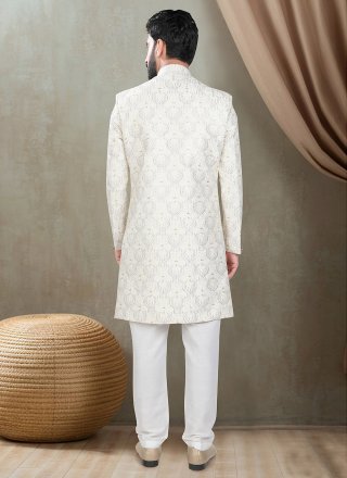 Off White Silk Sherwani Mens Wear with Embroidered, Sequins and Thread Work