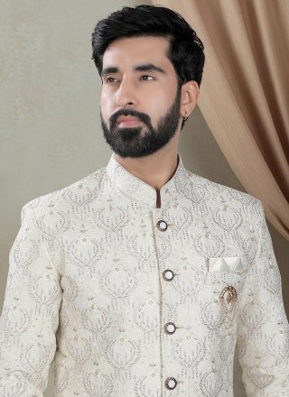 Off White Silk Sherwani Mens Wear with Embroidered, Sequins and Thread Work