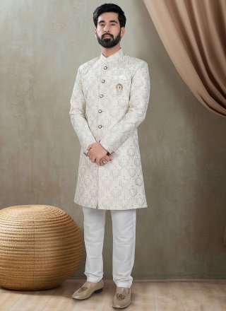 Off White Silk Sherwani Mens Wear with Embroidered, Sequins and Thread Work