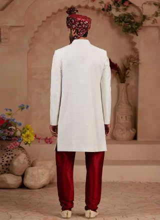 Off White Silk Sherwani Mens Wear with Hand Work