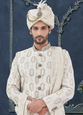 Off White Silk Sherwani Mens Wear with Hand Work for Men