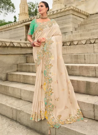 Off White Silk Traditional Saree with Booti, Cut, Embroidered, Sequins and Stone Work