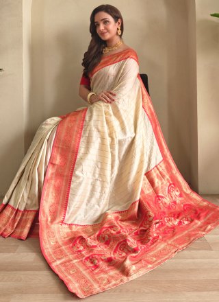 Off White Silk Weaving Work Trendy Saree