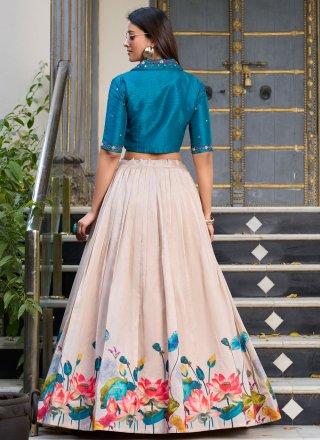 Off White Tussar Silk Floral Patch Work Readymade Lehenga Choli